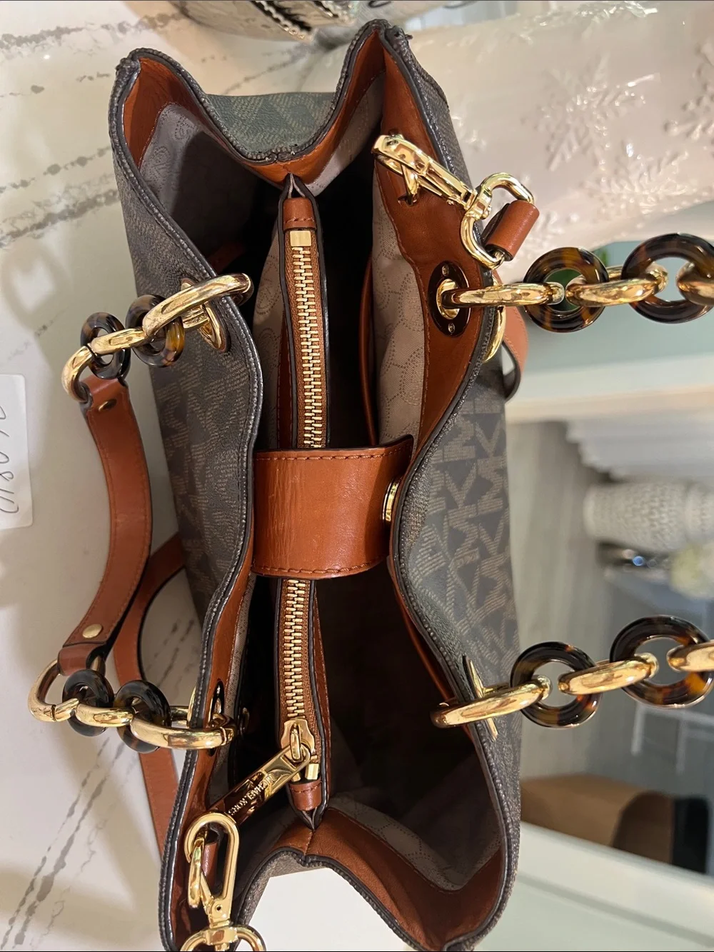 Michael Kors Brown MK Signature Shoulder Bag with Gold Hardware